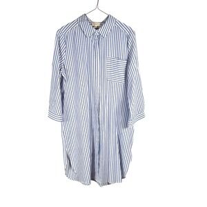 HOPELY Cotton Blue White stripe Button Up Shirt Dress Tunic Pocket Size L